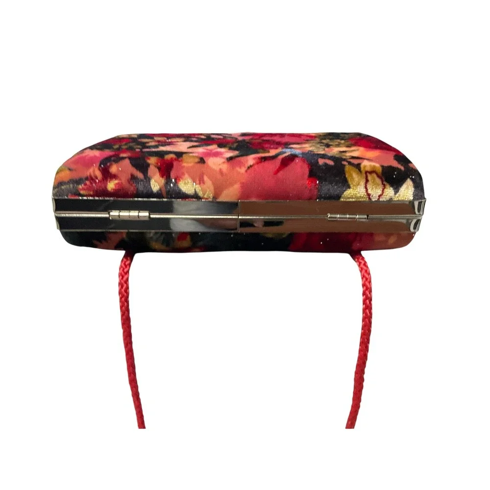 Vintage Floral Velvet Box Clutch Evening Bag Black Red Crossbody Purse Silver‎